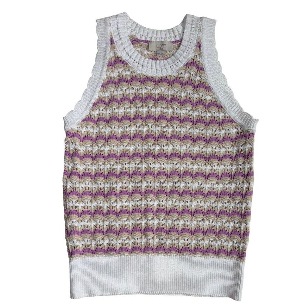 Loft Open Knit Sleeveless Tank Sweater (White, Tan & Purple) - Size XXSP